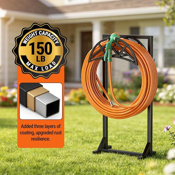 Garden Hose Holder, Heavy-Duty Water Hose Reel with Stable Base & 2 Tool Hooks, Freestanding Storage Rack for Outside, Holds 150ft – Metal Stand for Yard & Lawn
