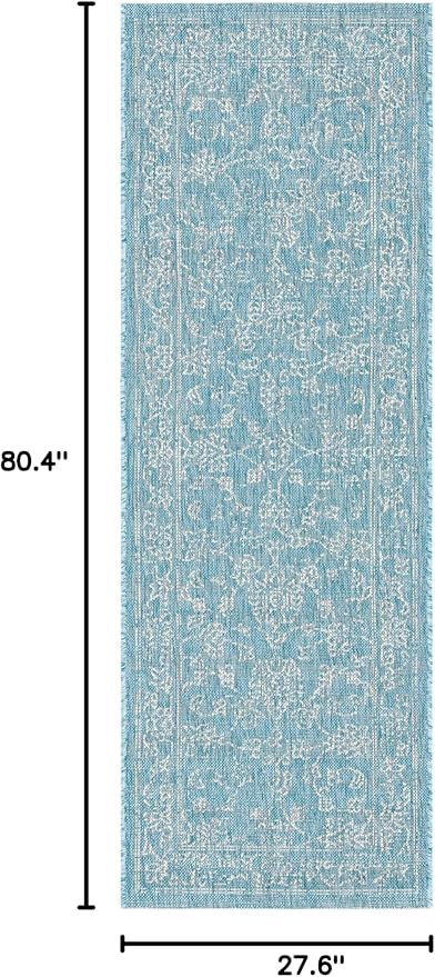 SAFAVIEH Washable Rug Outdoor Courtyard Collection - 2'3" x 6'7" Runner, Aqua Blue & Grey, Non-Shedding & Easy Cleaning, Ideal for Patio, Entryway, Mudroom, Hallway, Kitchen (CY8680-37121)