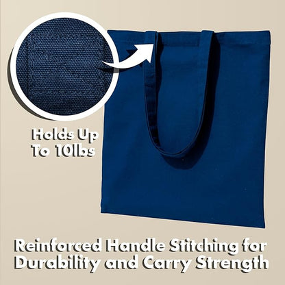 Carrywell (Not Made In China) Canvas Tote Bags Blue 5-Pack, 15"x16", Bulk Organic Cotton Reusable Shopping Bag, Blank Cloth Totes With Handles