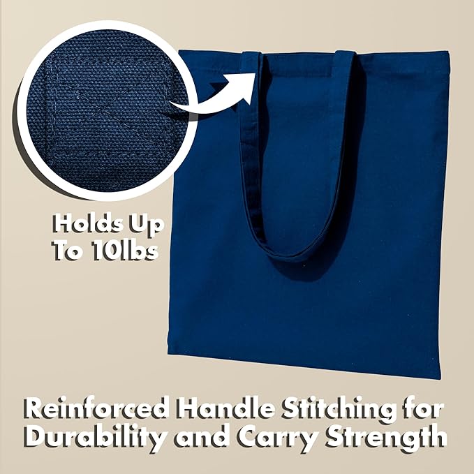 Carrywell (Not Made In China) Canvas Tote Bags Blue, 15"x16", Bulk Organic Cotton Reusable Shopping Bag, Blank Cloth Totes With Handles