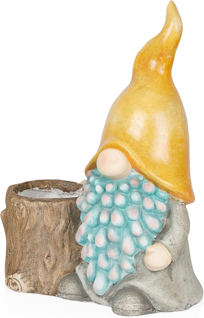 Alpine Corporation 16" Tall Outdoor Yellow Hat Gnome Statue with Drainage Hole Planter, Weatherproof Garden Decor