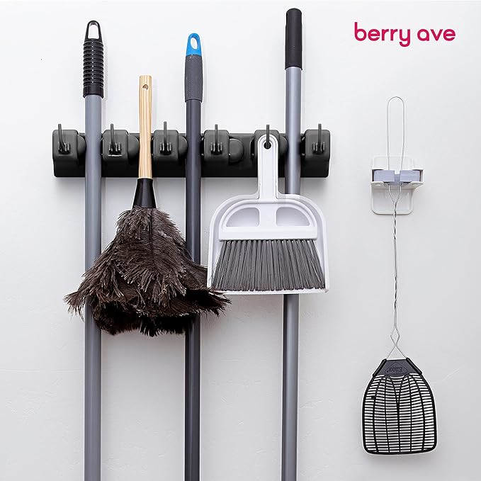 Broom Holder Wall Mount, Mop and Broom Organizer – Wall Mounted Broom Rack & Mop Rack, Rack for Brooms and Mops | Broom Hanger Wall Mount with 5 Slots & 6 Hooks, Kitchen Garage Laundry Garden