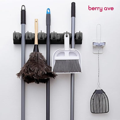 Broom Holder Wall Mount, Mop and Broom Organizer – Wall Mounted Broom Rack & Mop Rack, Rack for Brooms and Mops | Broom Hanger Wall Mount with 5 Slots & 6 Hooks, Kitchen Garage Laundry Garden