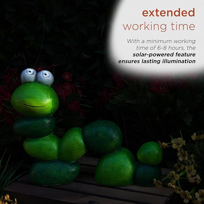 Alpine Corporation YEN608SLR 16" Tall Caterpillar with Light Up Eyes, Solar Powered LED Garden Statue, Green