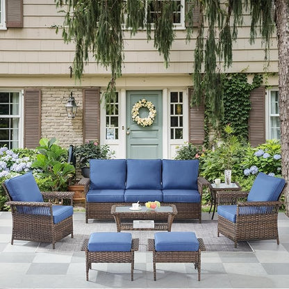 Wicker Patio Furniture Set - 7pcs with Blue Cushions, Rattan Sofa, Ottomans, Coffee & Side Table