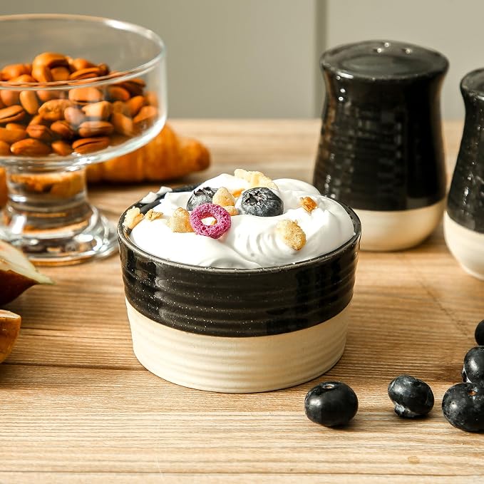 Hasense Ceramic Ramekins Set of 6, 6 Oz Oven Safe Mini Bowls, Black & Beige Farmhouse Ramekins for Creme Brulee, Souffle, Custard & Dipping Sauces