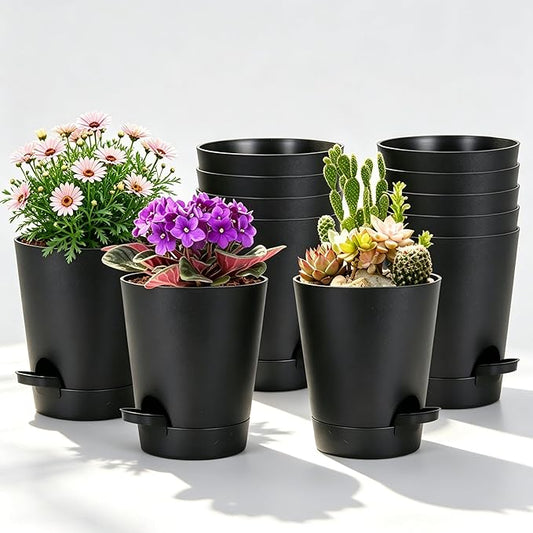 12 Pack 4 Inch African Violet Pots Self Watering, Self-Watering Planters with Drainage Holes & Reservoir, Black Plastic Pots for Indoor Outdoor Plants, Succulents & Flowers