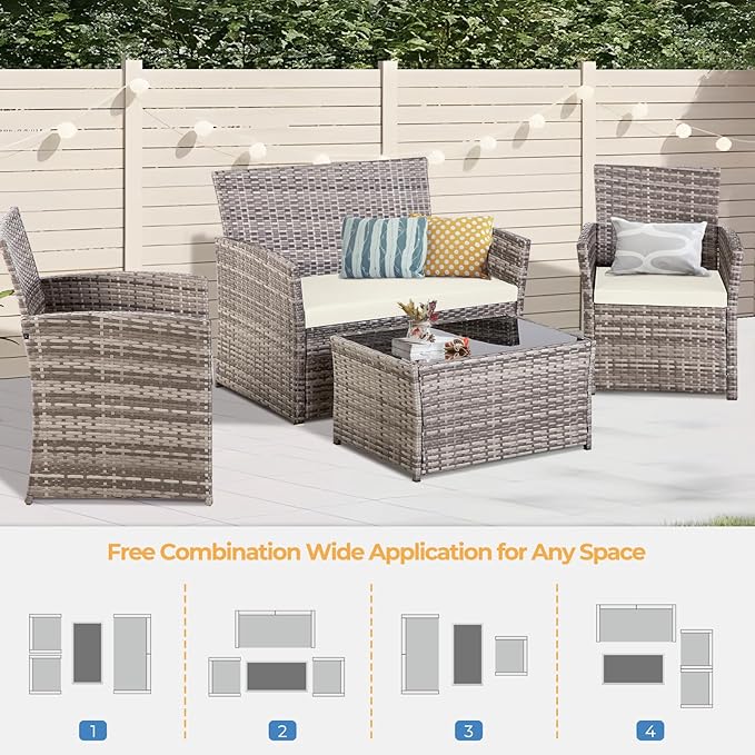 FHFO 4 Piece Outdoor Patio Furniture Sets, Wicker Sectional Conversation Sofa Set, Rattan Chairs Table Loveseat with Cushions for Outside Balcony Porch Backyard (Gray-Beige)