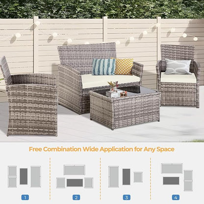FHFO 4 Piece Outdoor Patio Furniture Sets, Wicker Sectional Conversation Sofa Set, Rattan Chairs Table Loveseat with Cushions for Outside Balcony Porch Backyard (Gray-Beige)