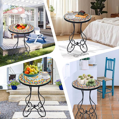 VCUTEKA Mosaic Outdoor Side Table, Round Rustproof Patio Table with 14" Ceramic Tile Top, Indoor Porch Accent Table for Yard, Garden, Living Room, Bistro Balcony