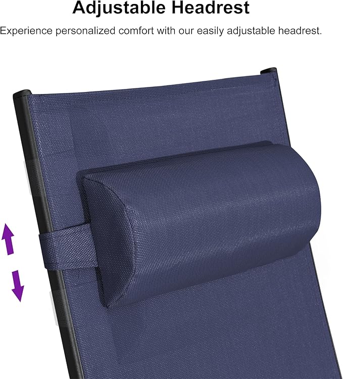 PURPLE LEAF Patio Chaise Lounge Set Outdoor Beach Pool Sunbathing Lawn Lounger Recliner Outside Tanning Chairs with Arm for All Weather Side Table Included Navy Blue