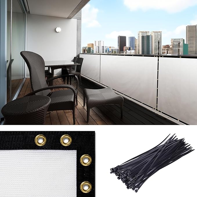 Amgo Custom Made 3' x 118' White Balcony Privacy Screen, Apartment Porch Railing Patio Fence Windscreen Fabric Cloth, Heavy Duty, Commercial and Residential, 90% Blockage (We Customize)