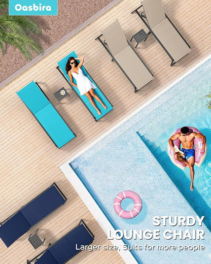 Aluminum Chaise Lounge Chair Outdoor, Foldable& No Assembly Patio Pool Lounge Chairs 5-Position Recliner for Outside, Fully Grounded Legs Sun Lounger for Poolside, 4 Packs Lake Blue