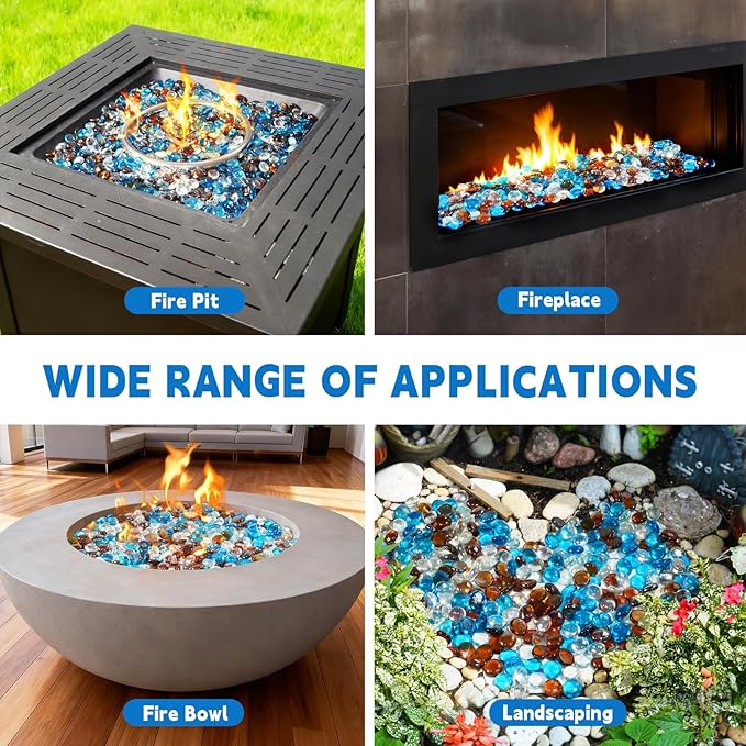 3/4 Inch Blended Fire Glass Beads,20LB Round Fire Glass Beads for Fire Pit Table, Fireplace and Fire Bowl (Caribbean Blue+Crystal Ice+Amber)