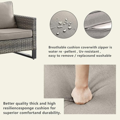 Rilyson Wicker Outdoor Patio Furniture Set - 6 Piece Patio Conversation Set with 2 Armrest Chairs,2 Rattan Ottoman,1 Couch and 1 Metal Side Table for Outside Porch Deck Backyard(Mixed Grey/Grey)
