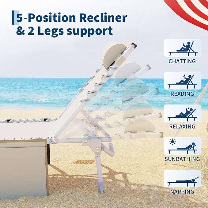 Garvee Tanning Chair with Face Hole, 3-in-1 Outside Beach Lounge Chair with Folding Table, 5 Reclining Positions and Removable Pillow, for Beach, Pool, Patio, Garden -Max 330lbs (Beige)