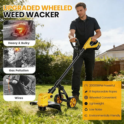 Cordless String Trimmer with Wheels, 14-Inch 2x3.0Ah 21V Battery Powered Weed Eater, Electric Lawn Mower Weed Wacker, Brush Cutter Grass Trimmer for Garden Yard