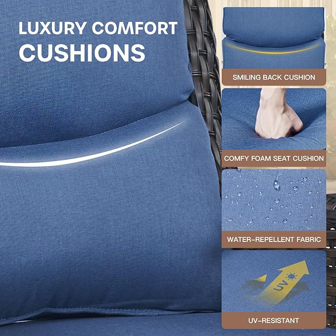 Patio Conversation Set with Smile-Shaped Cushions, Luxury Outdoor Swivel Chairs with Side Table and Ottomans, 5PCS PE Rattan Swivel Glider Chairs Set, Brown Wicker|Blue Cushions