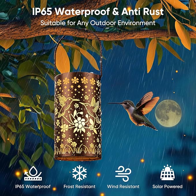 Hummingbird Solar Lanterns Outdoor Waterproof: Decorative Hanging Metal Lanterns for Patio Yard Pathway - Solar LED Garden Lights for Outdoor Decor - Xmas Gifts for Women Mom Grandma 2025 1 Pack