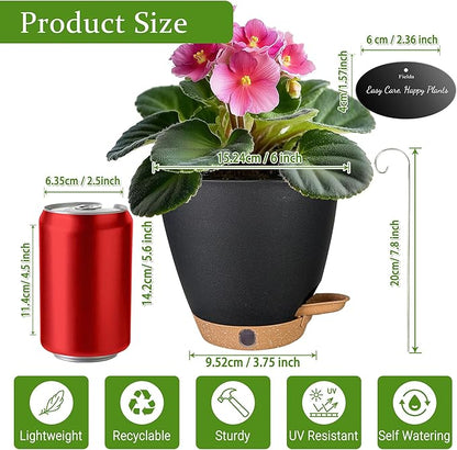 6 Inch Self Watering Pots for Indoor Plants(5-Pack) – Small Plastic Planters with Water Level Window, Drainage Holes & Detachable Trays, Indoor Outdoor Flower Pots for Herbs, Snake,Pothos(Black)