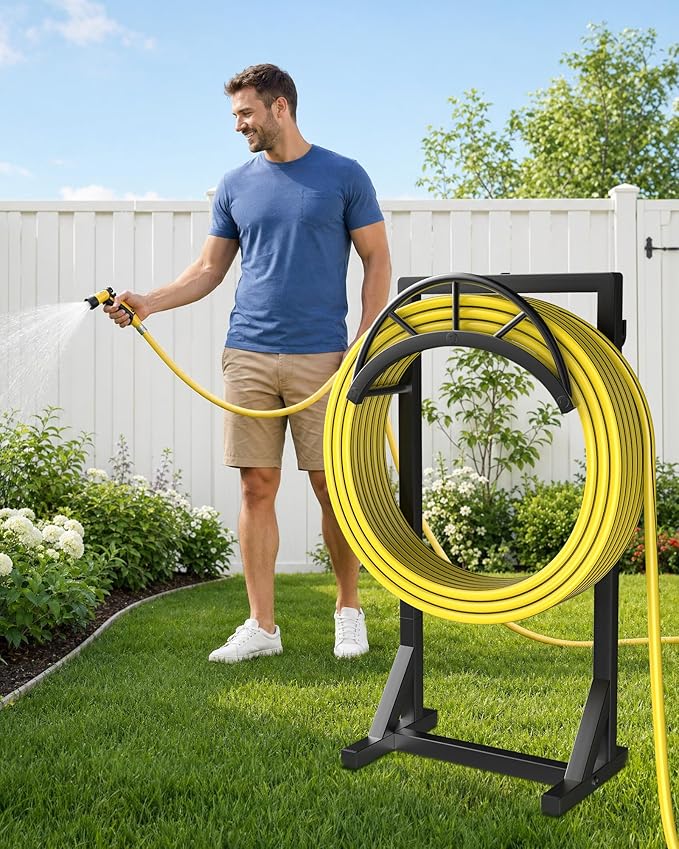 Garden Hose Holder, Metal Water Hose Storage Stand Hanger, Freestanding Water Hose Organizer Rack with 2 Tool Hooks for Outdoor Yards, Farms and Lawns, Black