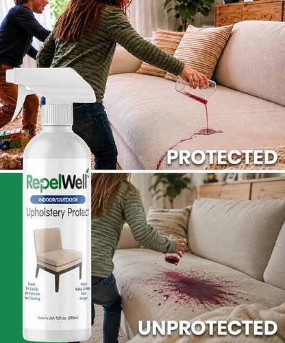 RepelWell Upholstery Protect Stain & Water Repellent Spray (12oz) Eco-Friendly, Pet-Safe Spray Keeps Your Fabric, Leather & Suede Upholstery Looking Like New