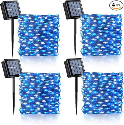 YEGUO 4 Pack Blue and White Solar Fairy Lights, Each 33ft 100 LED Christmas Lights Outdoor Waterproof, 8 Modes Sliver Wire Solar String Lights