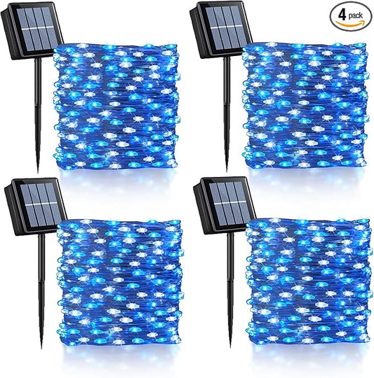 YEGUO 4 Pack Blue and White Solar Fairy Lights, Each 33ft 100 LED Christmas Lights Outdoor Waterproof, 8 Modes Sliver Wire Solar String Lights