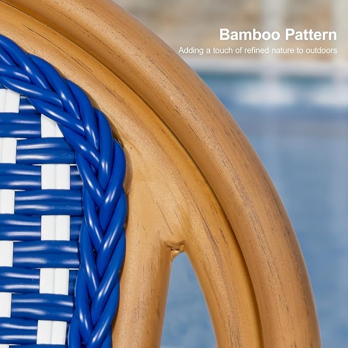 PURPLE LEAF French Bistro Chairs Set of 2 Aluminum Wicker Rattan Hand-Woven Armchairs Outdoor Dining Chairs for Patio Kitchen Garden Bamboo Print Finish Deep Blue