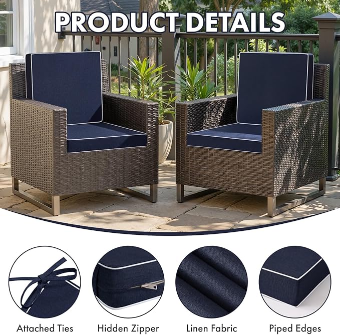 MIULEE Navy Outdoor Chair Cushions Set of 4, 18.5x16x3 Inch Waterproof Patio Seat Cushions for Outdoor Furniture Couch Sofa, 3 Year Color Fastness High Density Foam with Adjustable Ties