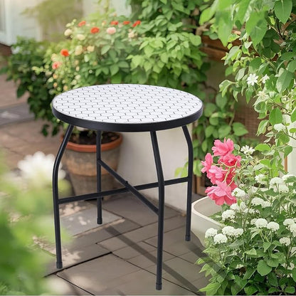 VCUTEKA Mosaic Outdoor Side Table, Round Rustproof Patio Table with 14" Ceramic Tile Top, Indoor Porch Accent Table for Yard, Garden, Living Room, Bistro Balcony, White