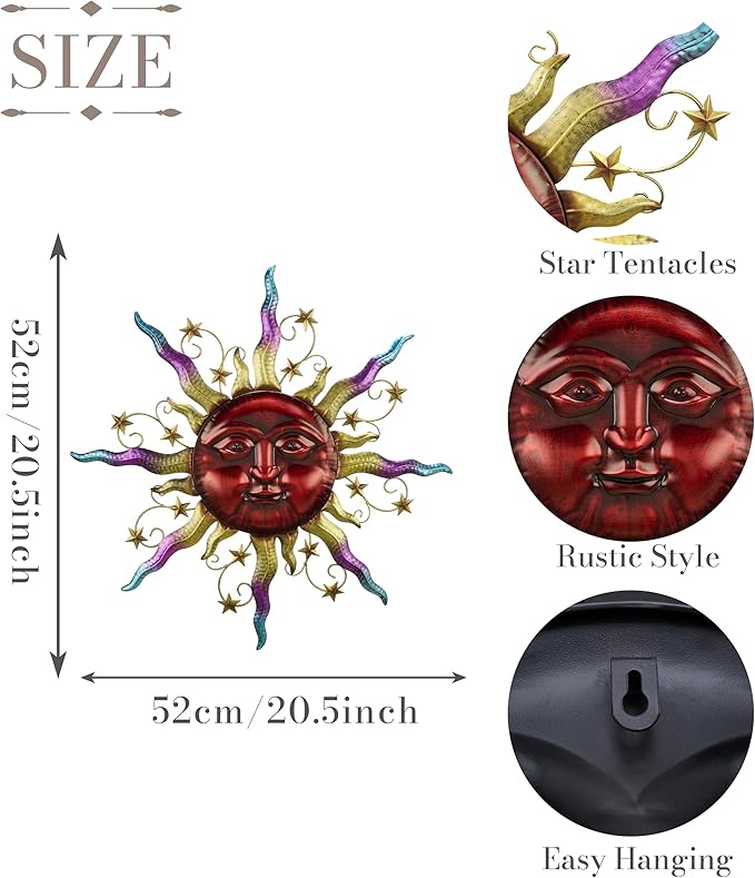 TERESA'S COLLECTIONS Outdoor Sun Metal Wall Art for Outdoor Decor,21" Red Sun Face 3D Wall Decor for Garden Decor,Rustic Retro Hanging Sculpture for Outside indoor Home Patio Farmhouse Gifts for Mom