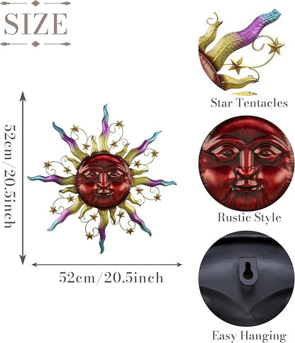 TERESA'S COLLECTIONS Outdoor Sun Metal Wall Art for Outdoor Decor,21" Red Sun Face 3D Wall Decor for Garden Decor,Rustic Retro Hanging Sculpture for Outside indoor Home Patio Farmhouse Gifts for Mom