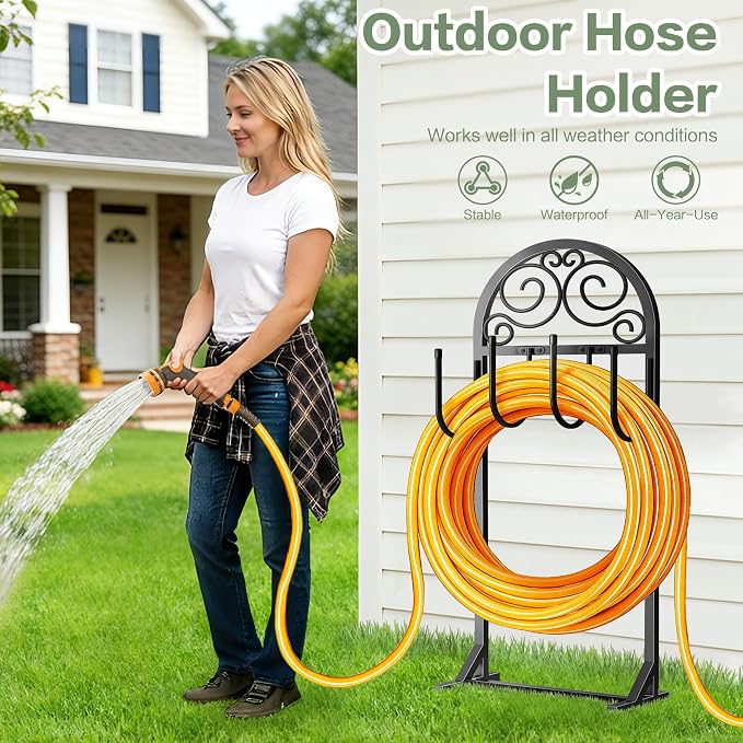 Garden Hose Holder, Upgraded Metal Water Hose Holder with 4 Hooks, Freestanding Heavy Duty Hose Hanger Stand Holds 150 FT Hoses, Detachable Hose Storage Rack for Outside Yard Lawn Farm (Black, Clouds)