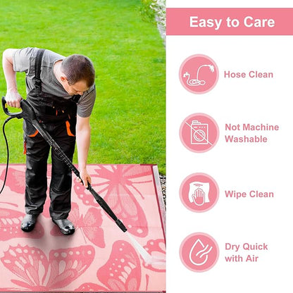 Anidaroel Pink Butterfly Outdoor Rug 6'X9' for Patios Waterproof Clearance, Reversible Plastic Straw Outside Rug, Outdoor RV Camping Rugs for Backyard, Beach, Camper, Pool Deck (Pink,6‘X9')