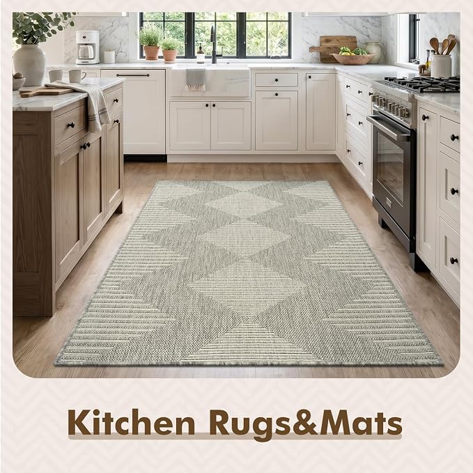 MontVoo-3x5 Outdoor Rug Porch Entryway Rug-Polypropylene Indoor Outdoor Rugs for Entryway Kitchen Balcony Patio, Textured Weave, Durable, Fade-Resistant, Non-Shedding, Boho Geometric Neutral Grey