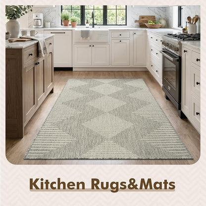 MontVoo-3x5 Outdoor Rug Porch Entryway Rug-Polypropylene Indoor Outdoor Rugs for Entryway Kitchen Balcony Patio, Textured Weave, Durable, Fade-Resistant, Non-Shedding, Boho Geometric Neutral Grey