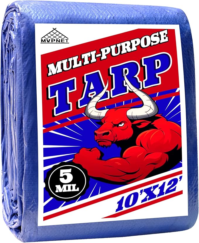 Tarp 10x12 ft 100% Waterproof Uv Resistant High Durability Multipurpose 5mil Blue Tarp for Covering Courtyards, Cars, Camping, Gardens, Pet Nests -by MVPNET