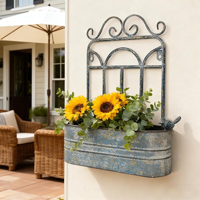 Rustic Metal Wall Planter Country Garden Wall Hanging Mount Vase Pocket Outdoor Vintage Hanging Pot Farmhouse Wall Decor for Plants Flowers (Blue)