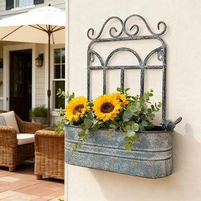 Rustic Metal Wall Planter Country Garden Wall Hanging Mount Vase Pocket Outdoor Vintage Hanging Pot Farmhouse Wall Decor for Plants Flowers (Blue)