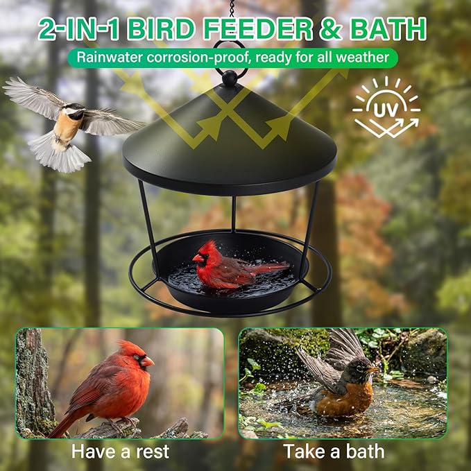 Bird Feeder for Outdoor Hanging,Hanging Bird Feeder with Roof,Elegant Garden Sculpture with Multi-Use Bird Bath and Feeder with Chain and Hook,Creative Decor for Patio Balcony Yard Home