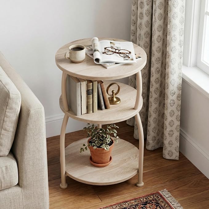 Round Side Table, 3-Tier End Table with Storage Shelf, 15.7" Wide Nightstand for Small Spaces, Tall Sofa Table Capable of Holding Laptops & Lamps, Bedside Table for Bedroom & Living Room, Oak