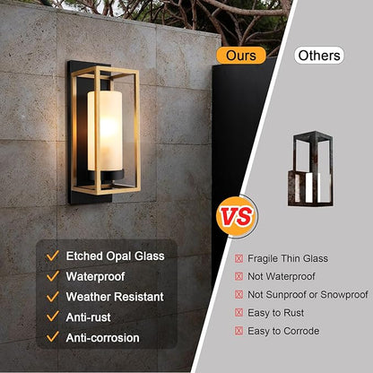 ALVIME Modern Outdoor Wall Light Fixture, 15 Inch Gold Exterior Lighting Fixtures, Waterproof Outdoor Wall Sconce, Porch Outside Lights for House Garage, Front Door, Patio, E26 Base&Etched Opal Glass