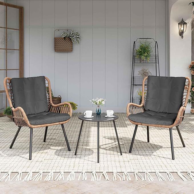 LAUSAINT HOME 3 Piece Outdoor Bistro Set, Small Patio Furniture Set with Coffee Table and Thick Cushions, Front Porch Furniture for Lawn, Garden, Balcony, Poolside, Black