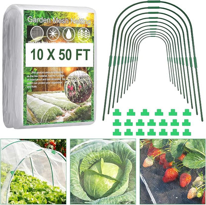 Garden Netting Kit, 10 X 50FT Garden Netting Pest Barrier with 10 Sets Garden Hoops and 20pcs Clips, Insect Netting Row Cover for Raised Beds Vegetable Fruits Flowers Protection