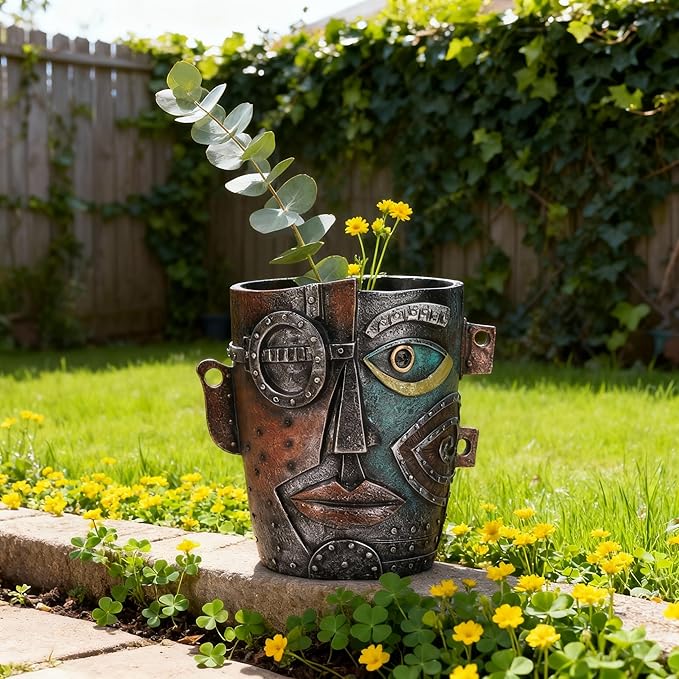 Abstract Face Planter Pot, Hand-Painted Resin Flower Pot with Top Opening for Planting, Decorative Planter for Indoor Plants, Art Accent Flowerpot Decor