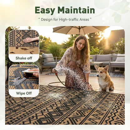 MontVoo-Outdoor Rug Carpet Waterproof 5x8 ft Reversible Patio Rug RV Camping Rugs Plastic Straw Outside Indoor Outdoor Area Rugs for Patio Deck Balcony Picnic Beach Outdoor Decor Boho Black Brown