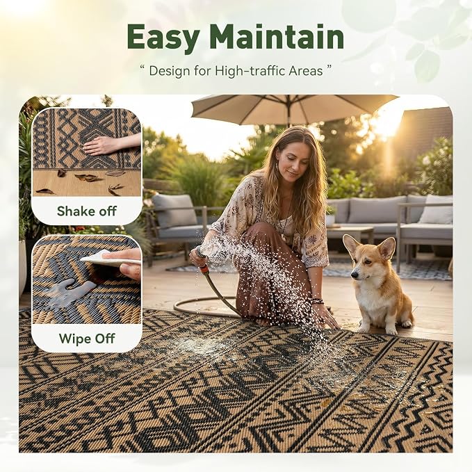 MontVoo Outdoor Rug 8x10 Waterproof Outdoor Patio Rug Mat Reverisble Plastic Straw Outdoor Rug for RV Camping Picnic Beach Balcony Boho Black Brown