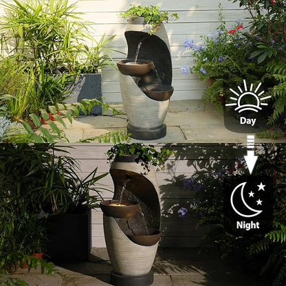 27.95''H Outdoor Garden Water Fountain, 2-Tier Bowl Shaped Floor - Standing Waterfall Fountain Indoor with LED Lights for Yard, Garden, Patio,Backyard & Home Decor