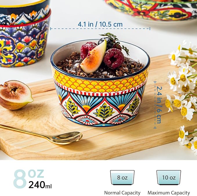 8 oz Ceramic Ramekins Set of 6, Bohemian Baking Bowls & Soufflé Cups | Oven Safe, Ideal for Soufflés, Crème Brûlée, Pot Pies, Mac & Cheese, Dips & Single-Serve Meals